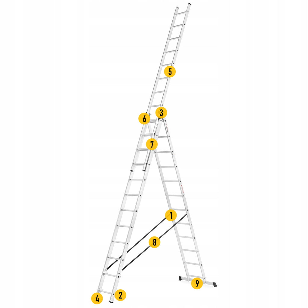 Drabina aluminiowa 3x11 uniwersalna 8,45m mocna konstrukcja, stabilny hak do zawieszania, lekka