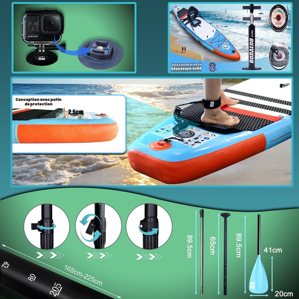 Planche de paddle gonflable 330 x 76 x 15 cm avec siège kayak pagaie double réglable support caméra 3 ailerons charge 150 kg