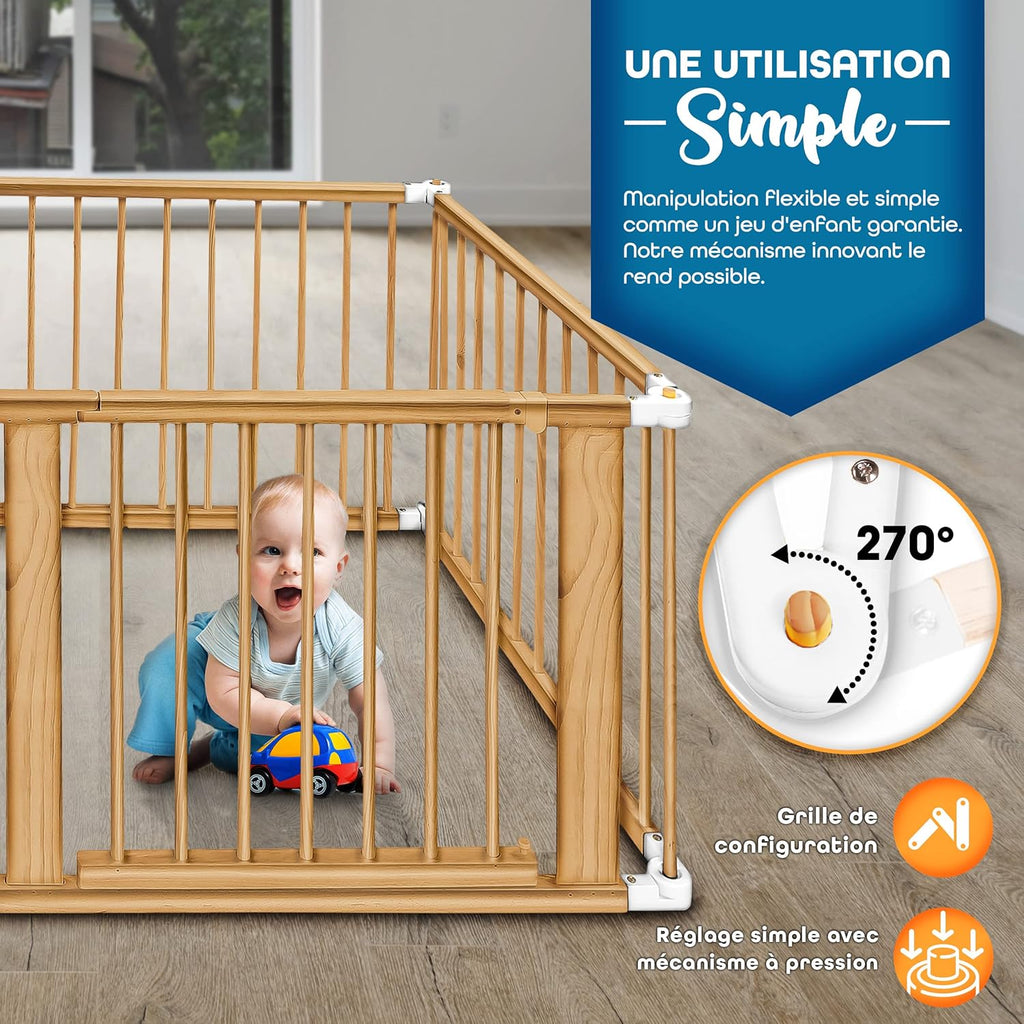 Parc bébé barrière de sécurité XXL 7,2 m 8 pièces bois pliant avec porte forme réglable blanc naturel
