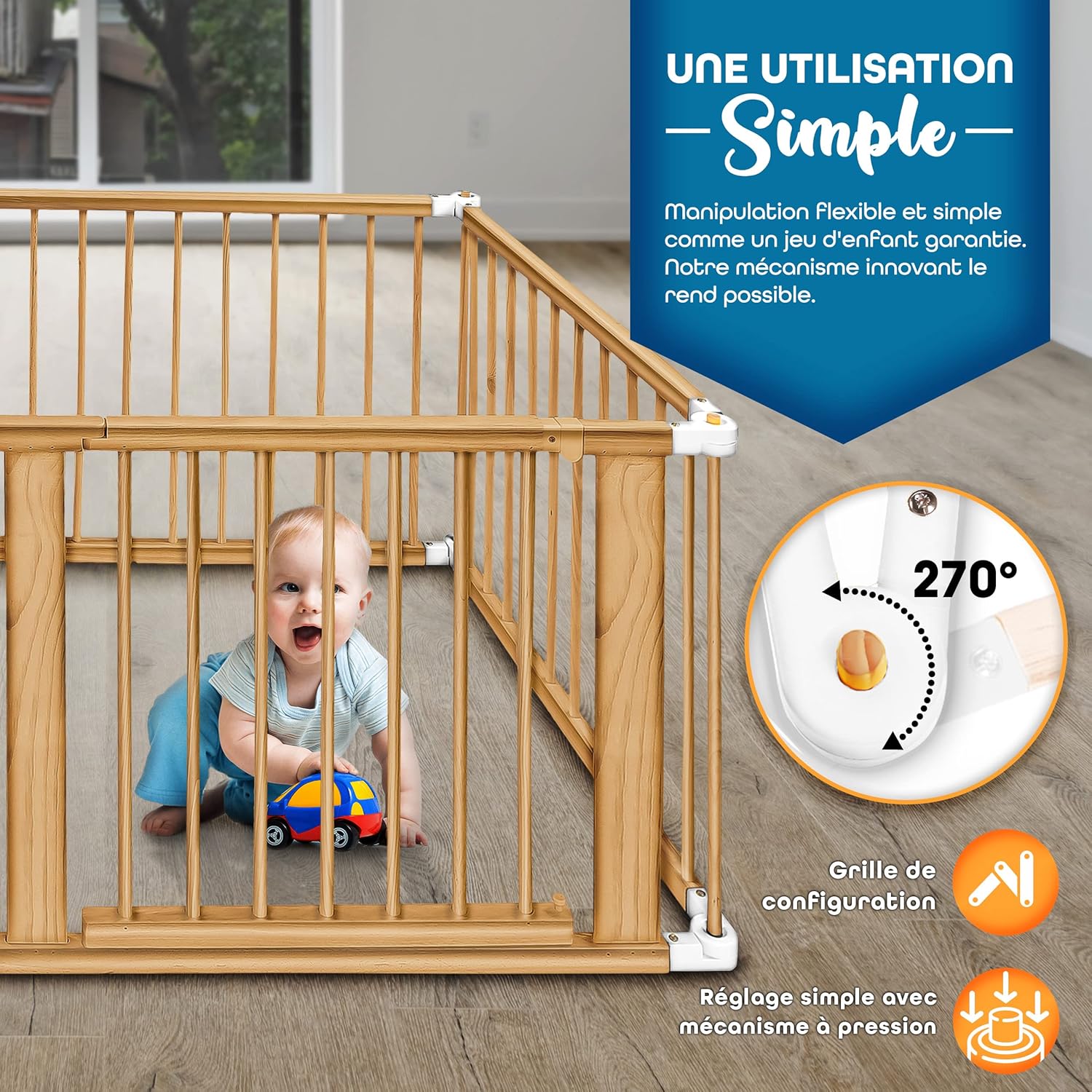 Parc bébé barrière de sécurité XXL 7,2 m 8 pièces bois pliant avec porte forme réglable blanc naturel