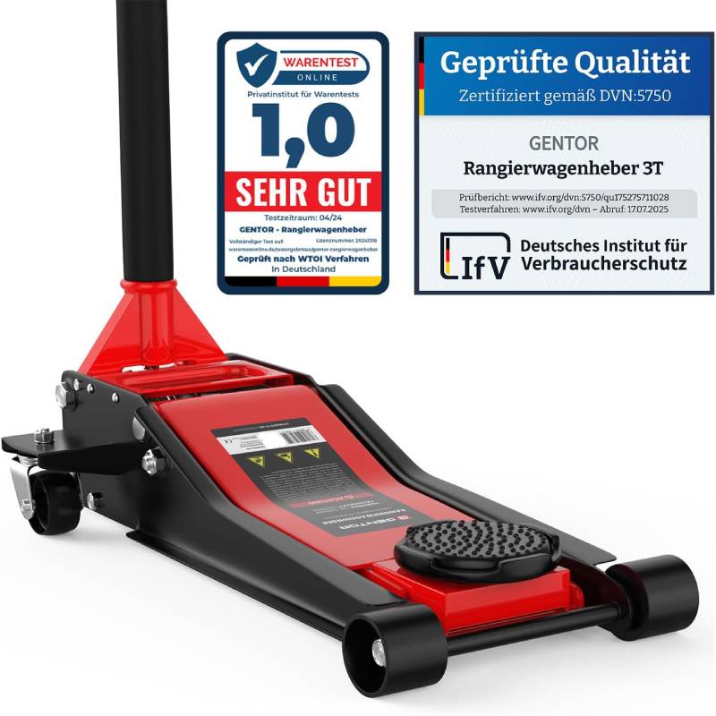Cric hydraulique 3T GTWH3000 hauteur 75 à 505 mm charge 3000 kg 2 patins caoutchouc roulettes 360 degrés rouge