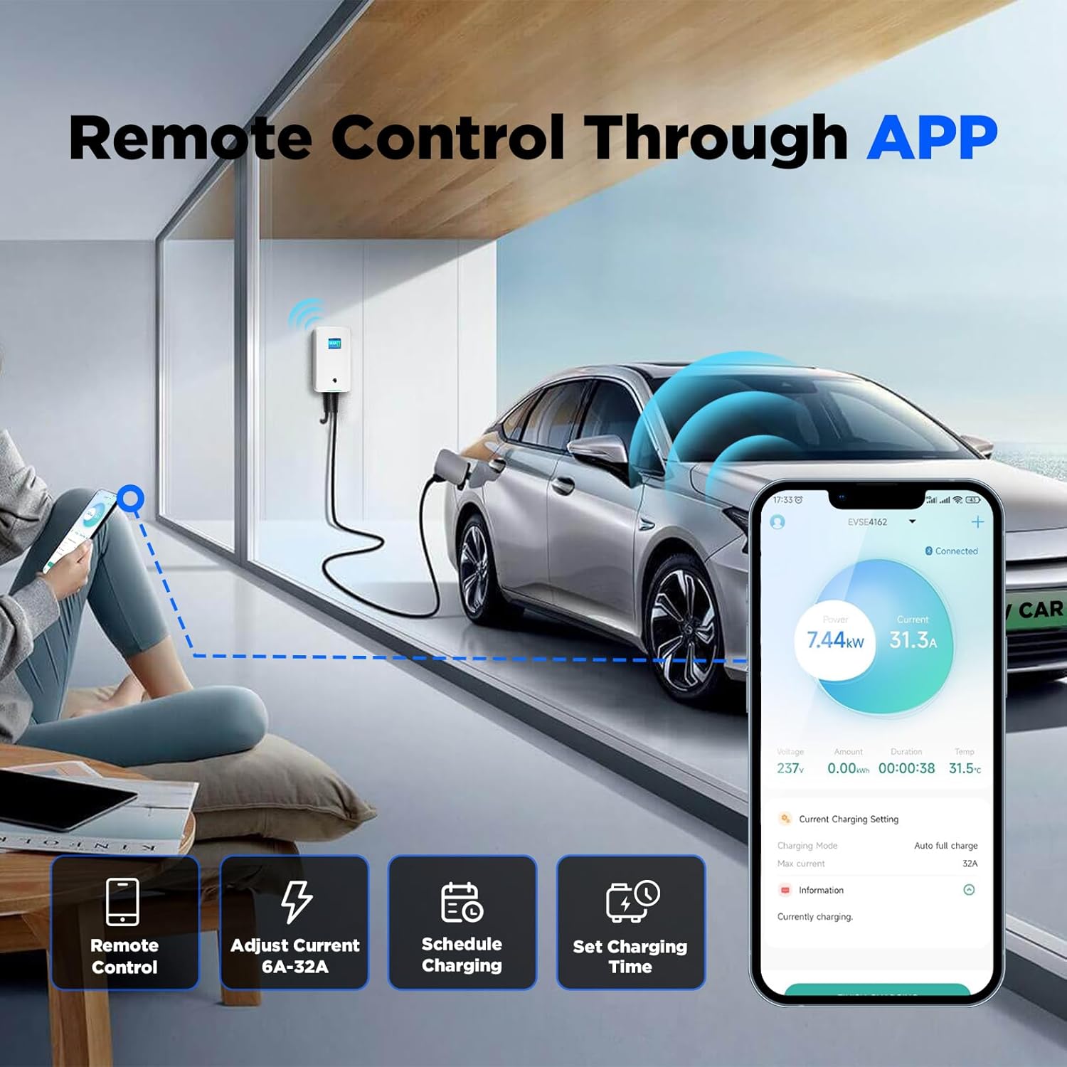 Chargeur EV Type 2 7KW-APP 32 A 7,68 kW câble 6,1 m Bluetooth WiFi IEC 62196-2 blanc