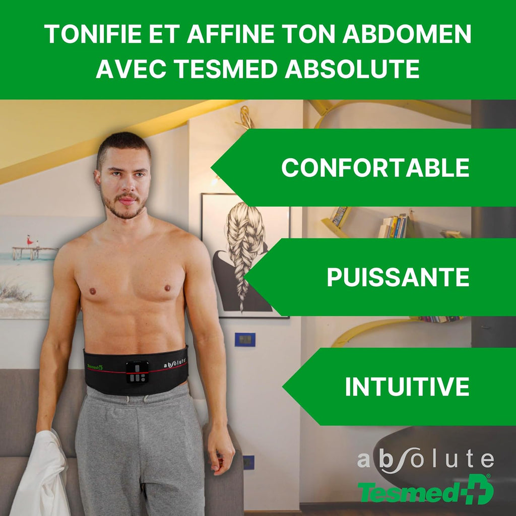 Ceinture abdominale EMS Absolute sans fil rechargeable 15 programmes 99 niveaux abdos centraux latéraux unisexe Made in Italy