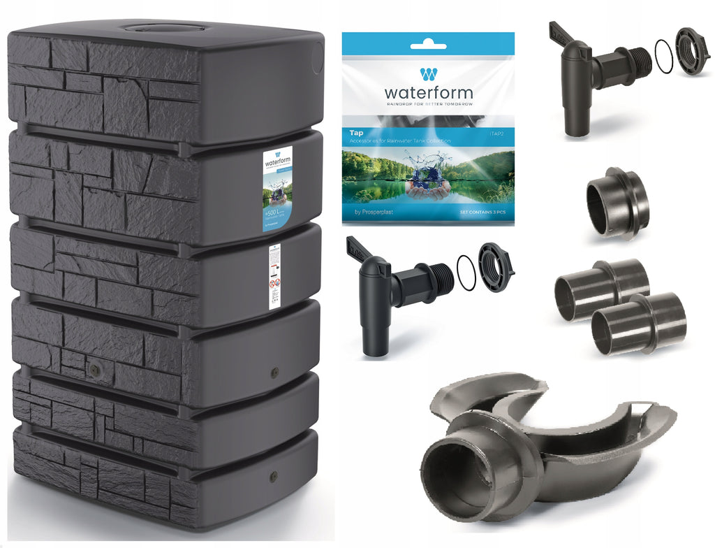 500L Rainwater Tank Barrel Anthracite Stone Design Plastic Water Storage Container with Gutter Collector and Tap