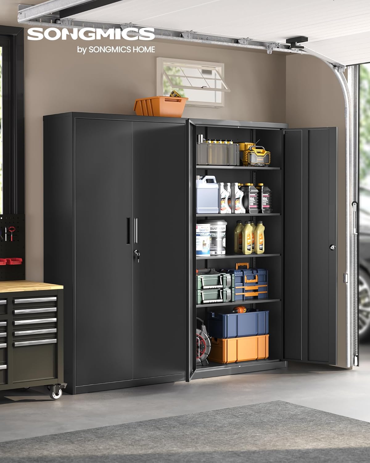Armoire de rangement en acier OMC015B01 40 x 80 x 180 cm 5 niveaux portes doubles avec serrure noir mat