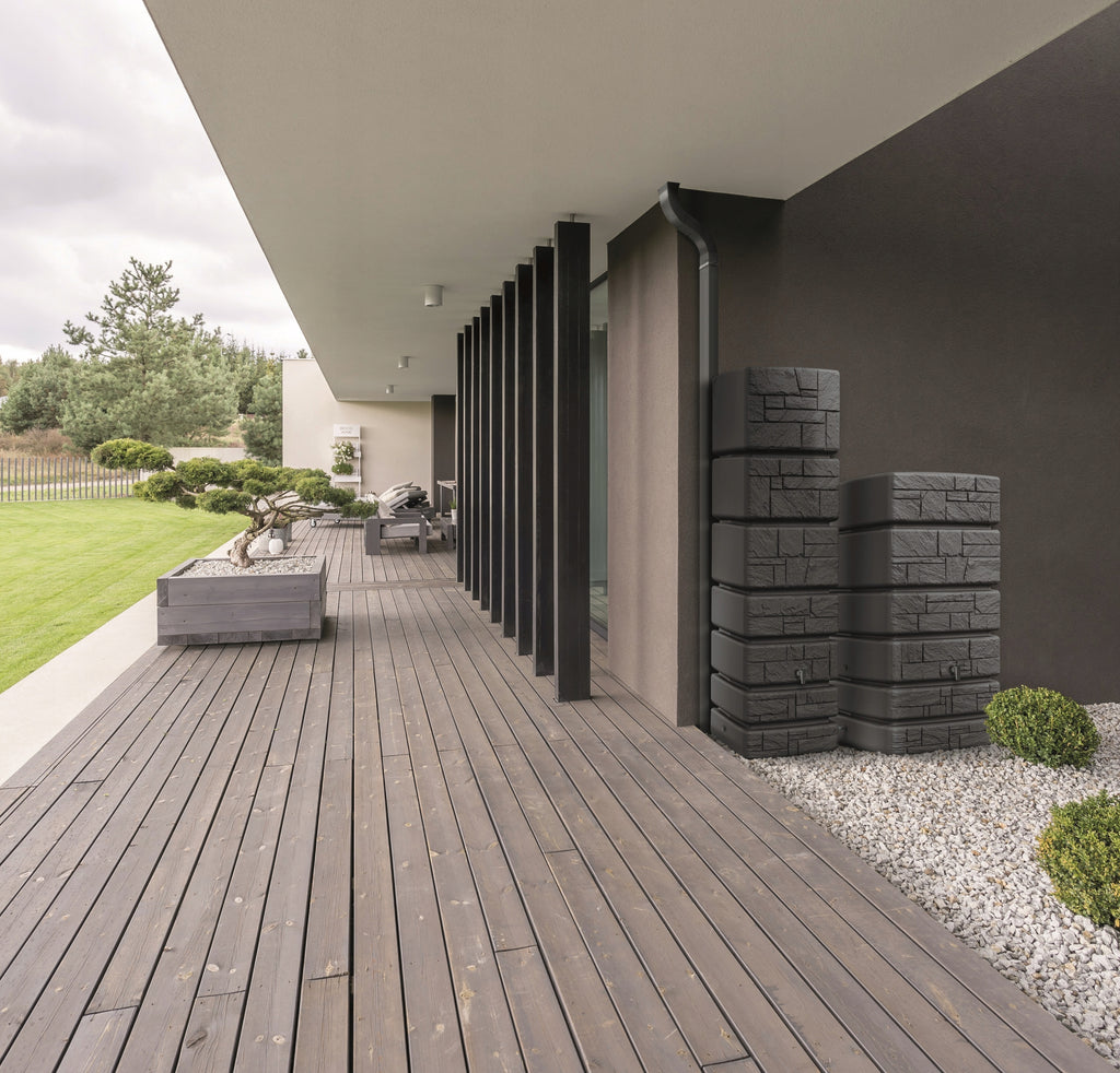 500L Rainwater Tank Barrel Anthracite Stone Design Plastic Water Storage Container with Gutter Collector and Tap