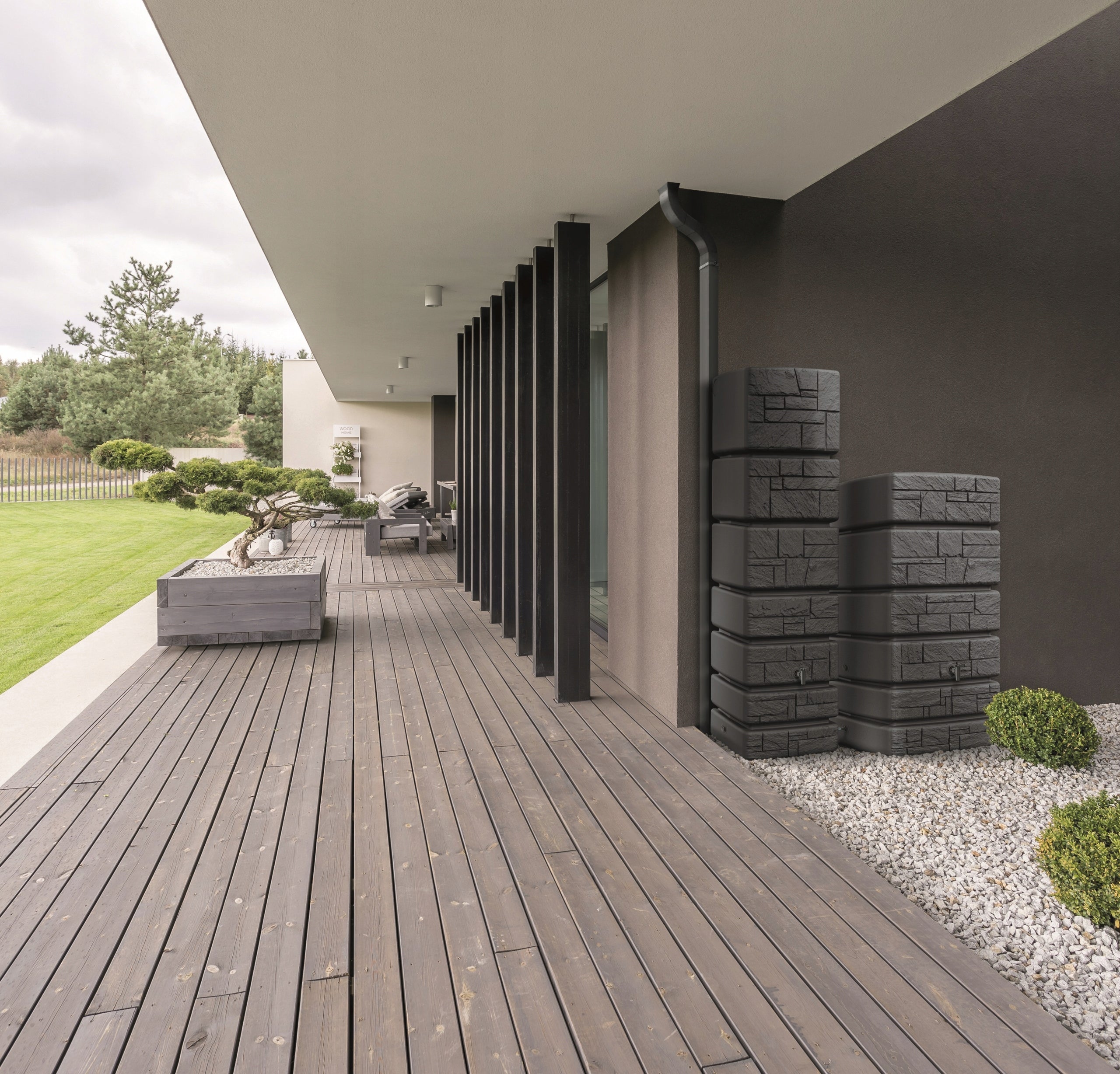 500L Rainwater Tank Barrel Anthracite Stone Design Plastic Water Storage Container with Gutter Collector and Tap