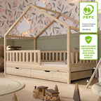 Lit cabane enfant Montessori 190 x 90 cm en bois naturel avec barrière de sécurité et tiroirs de rangement