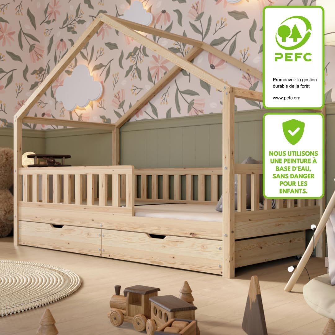 Lit cabane enfant Montessori 190 x 90 cm en bois naturel avec barrière de sécurité et tiroirs de rangement