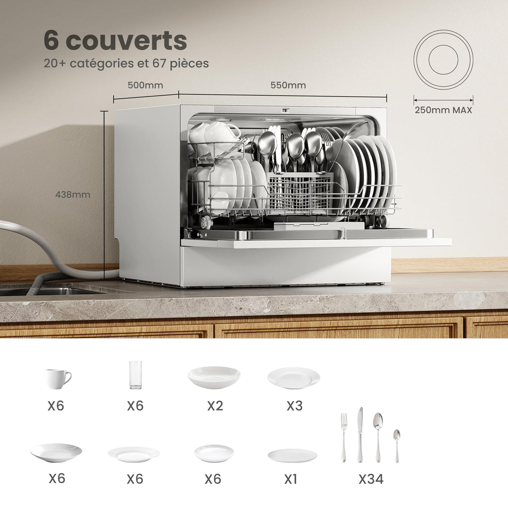 Lave-vaisselle compact TD602E-W 6 couverts 6 programmes écran LED démarrage différé 47 dB consommation eau réduite