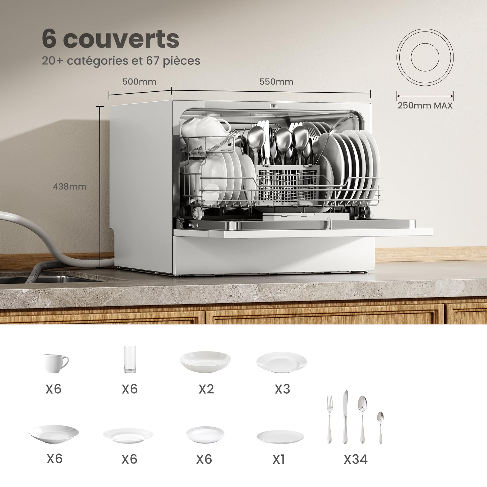 Lave-vaisselle compact TD602E-W 6 couverts 6 programmes écran LED démarrage différé 47 dB consommation eau réduite