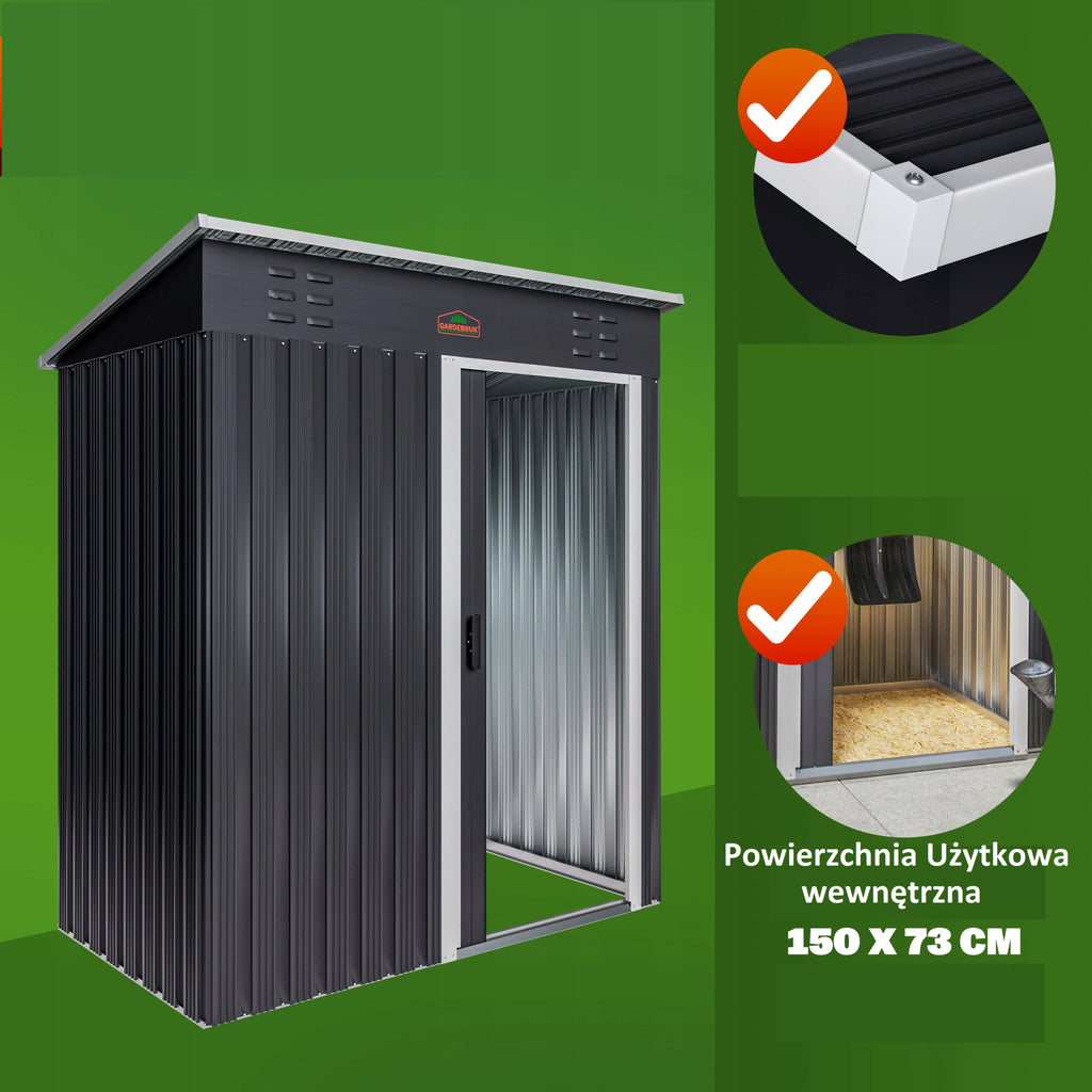 Metalowa szopa ogrodowa na narzędzia stalowa 185x165x90 cm 2,6 m³ drzwi przesuwne dach jednospadowy 4 haki