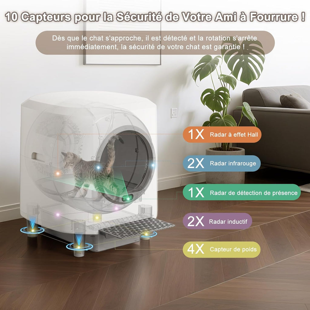 Litière autonettoyante XL Ellenpent 90 L contrôle app anti-fuites anti-pincement anti-odeurs vidage 1 touche blanc