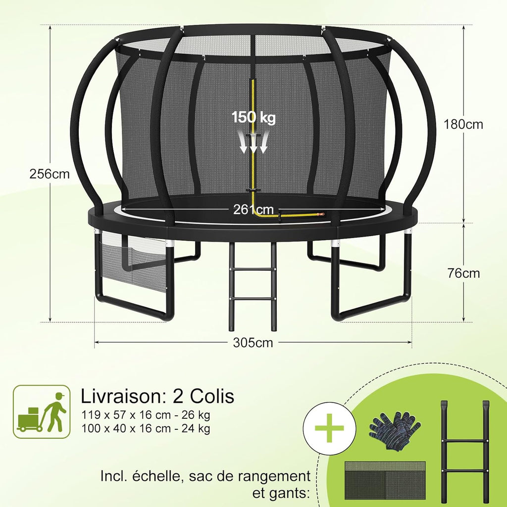 Trampoline extérieur diamètre 228-427cm avec filet sécurité couverture protection capacité charge 150kg enfants