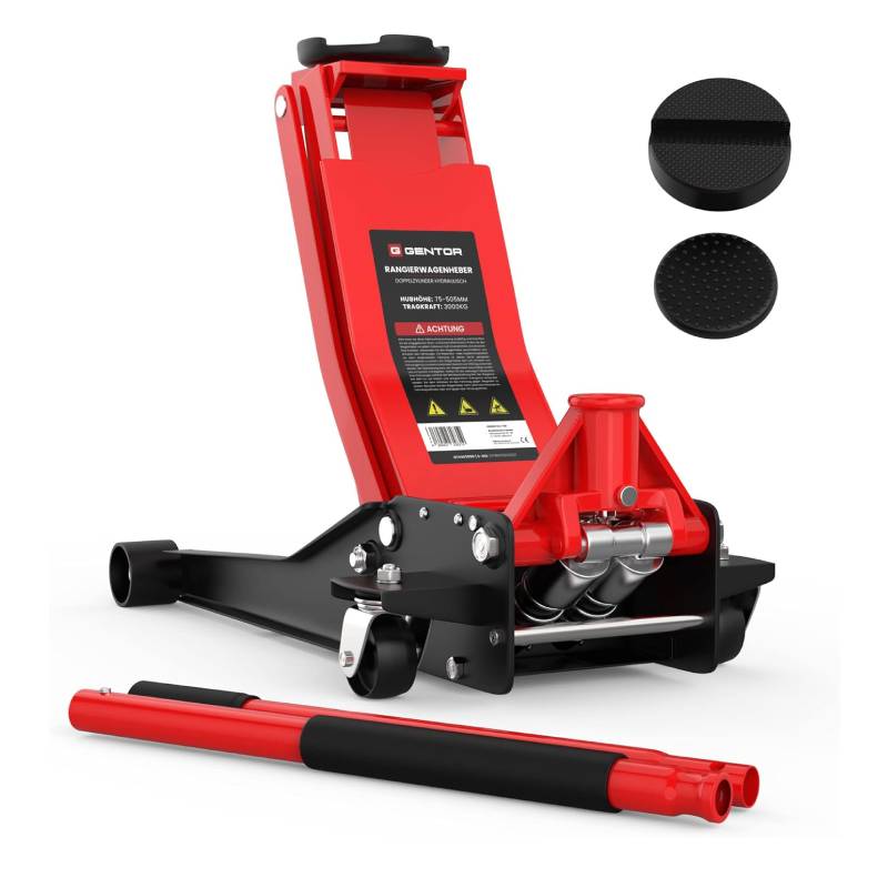 Cric hydraulique 3T GTWH3000 hauteur 75 à 505 mm charge 3000 kg 2 patins caoutchouc roulettes 360 degrés rouge