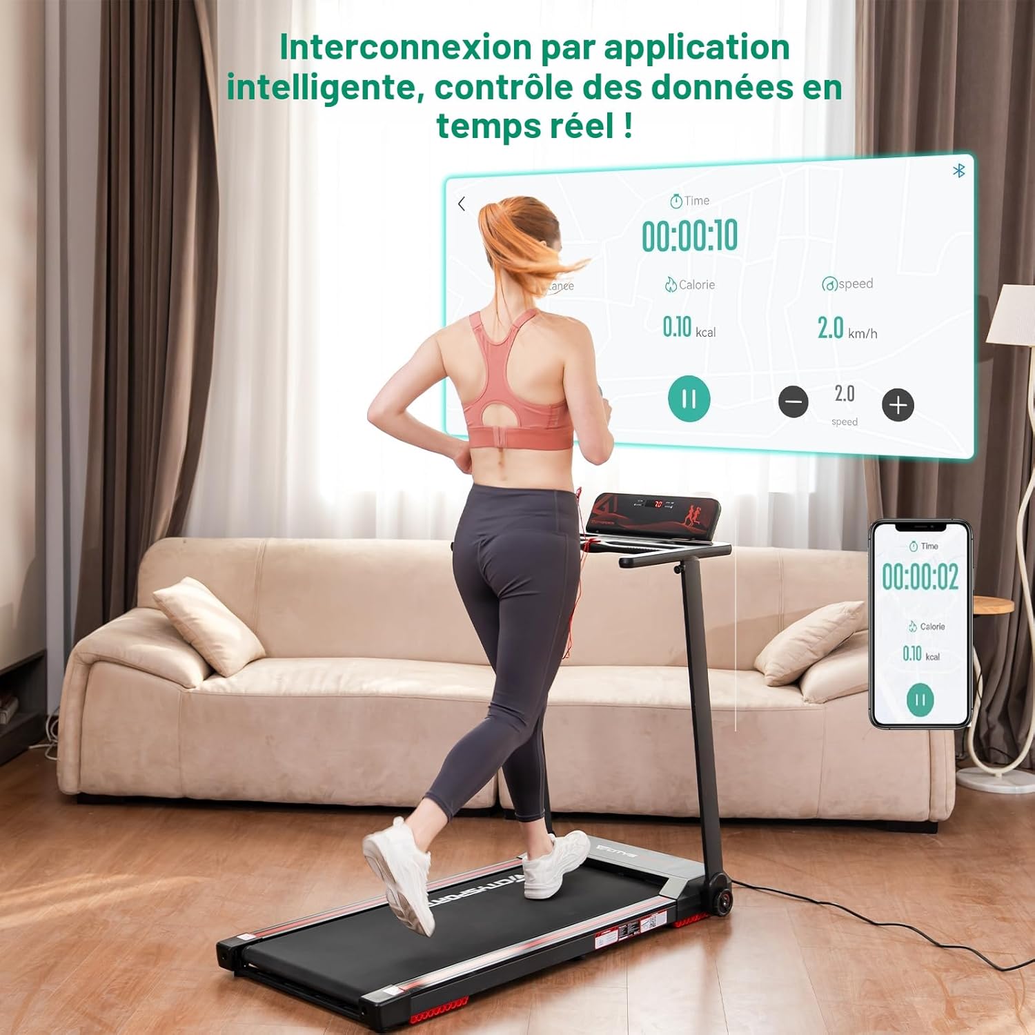 Tapis de course pliable CS-WP9 12 km/h 1400 W charge 120 kg écran LED application Bluetooth support tablette rouge