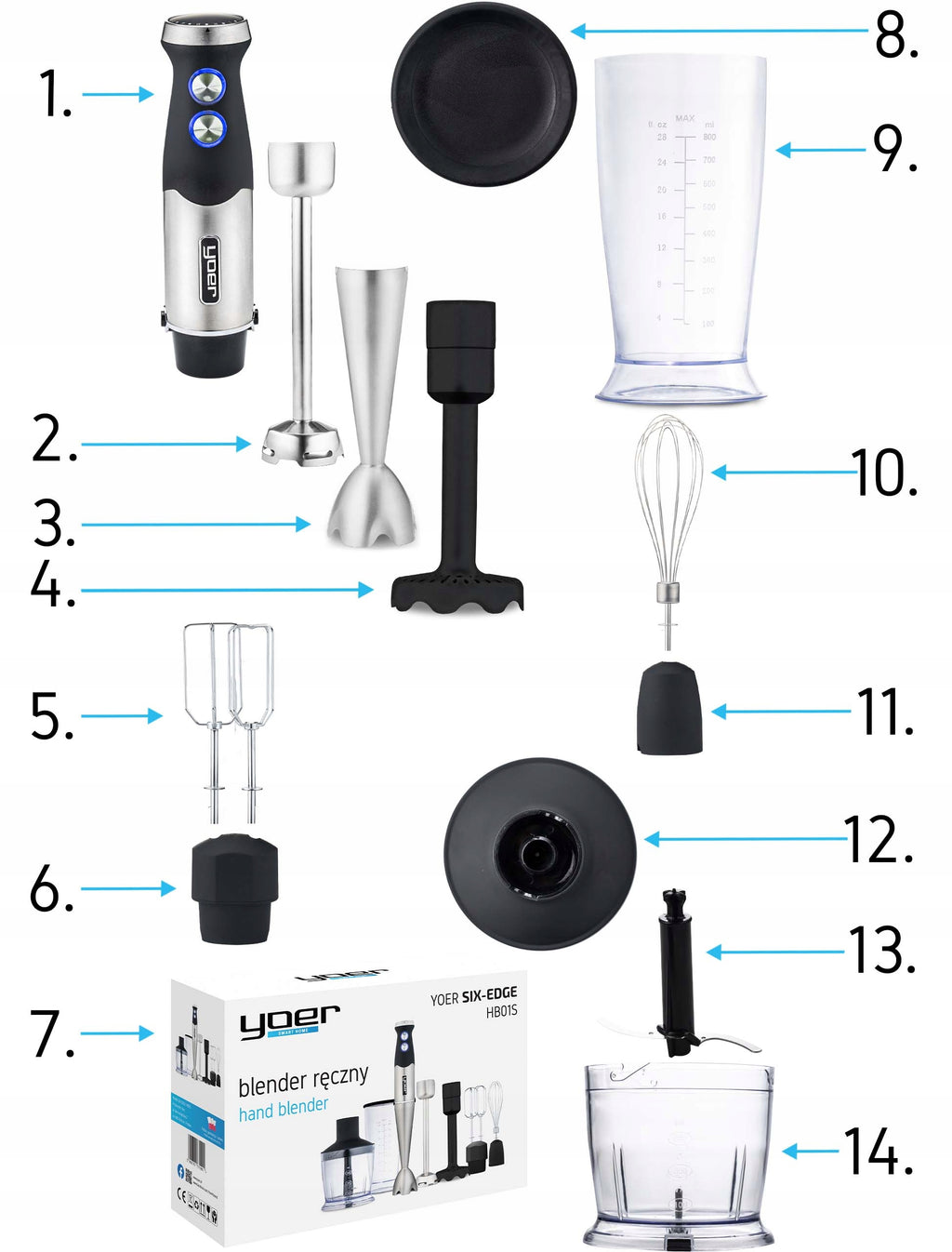 Blender ręczny Six-Edge HB01S 1500 W 8w1 z tytanowymi ostrzami 25 prędkościami Turbo i zestawem 14 elementów