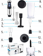Blender ręczny Six-Edge HB01S 1500 W 8w1 z tytanowymi ostrzami 25 prędkościami Turbo i zestawem 14 elementów
