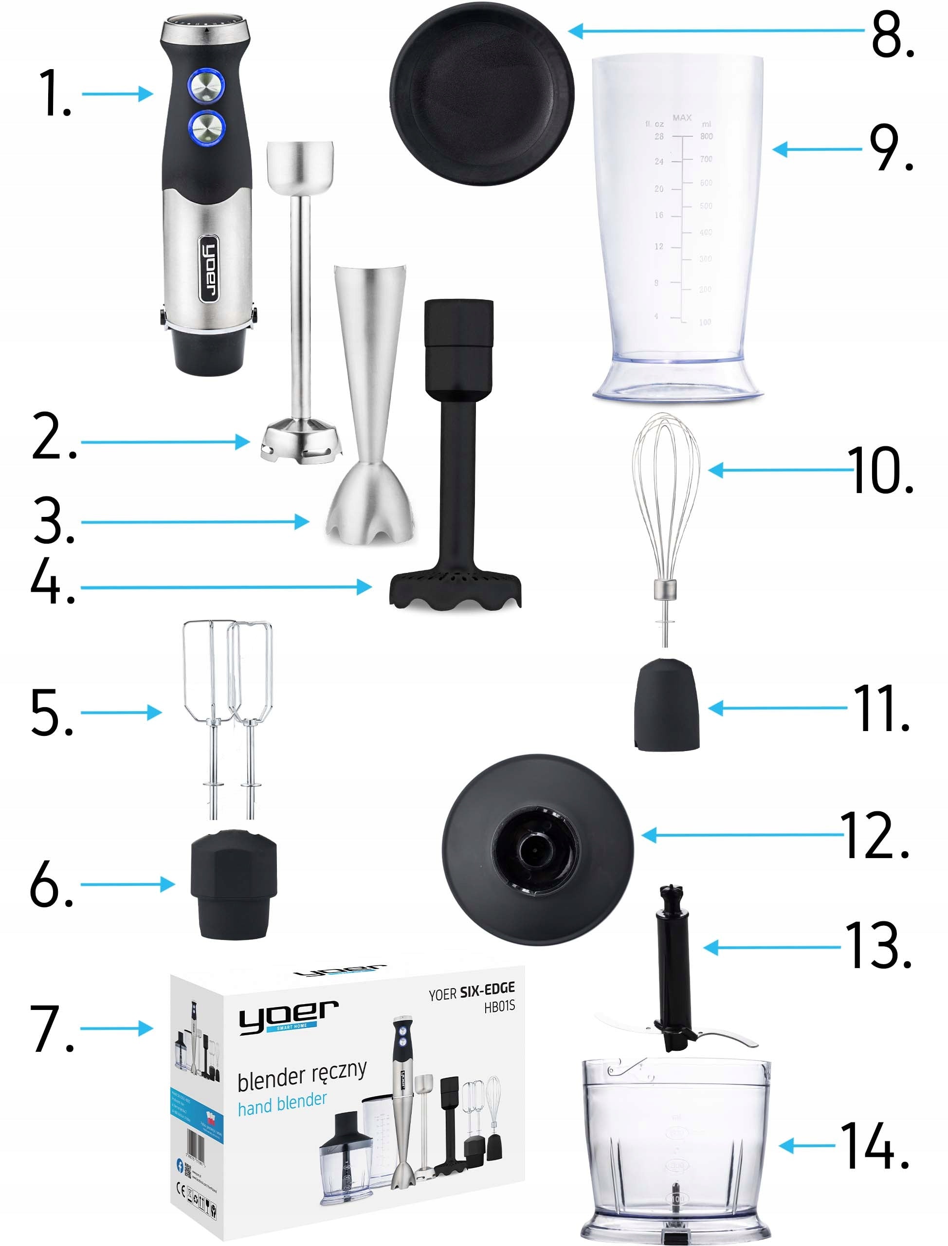 Blender ręczny Six-Edge HB01S 1500 W 8w1 z tytanowymi ostrzami 25 prędkościami Turbo i zestawem 14 elementów
