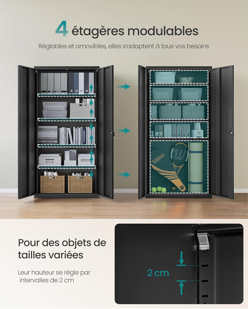 Armoire de rangement en acier OMC015B01 40 x 80 x 180 cm 5 niveaux portes doubles avec serrure noir mat