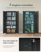 Armoire de rangement en acier OMC015B01 40 x 80 x 180 cm 5 niveaux portes doubles avec serrure noir mat