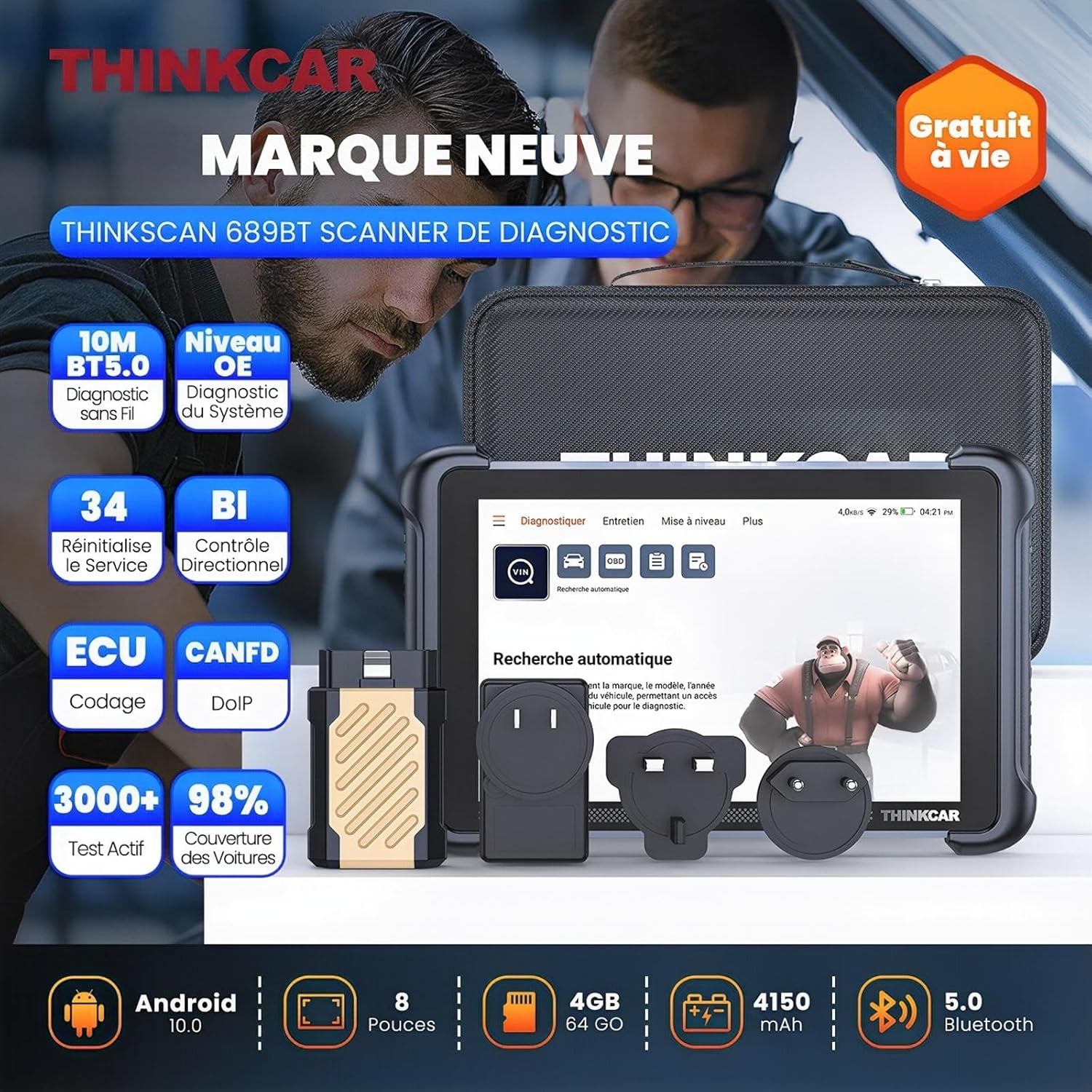 Valise diagnostic auto TK689BT bidirectionnelle écran 8 pouces Android 10 34 réinitialisations CAN FD DoIP Bluetooth