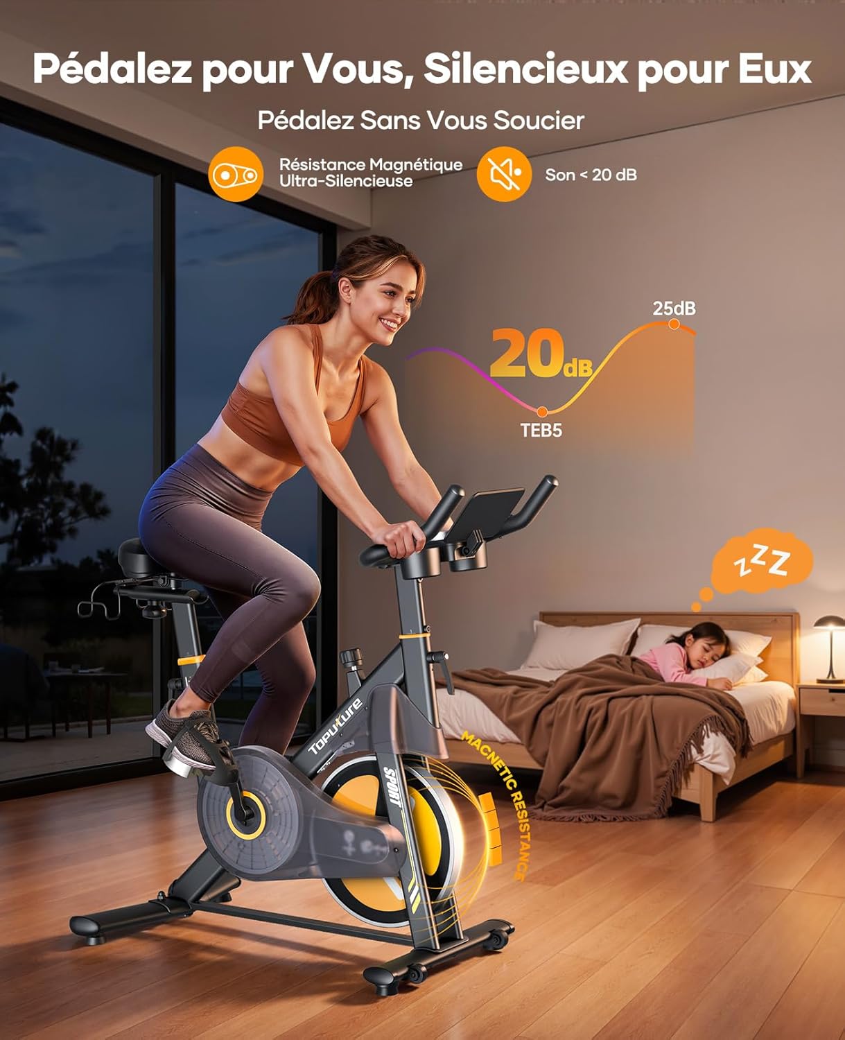 Vélo d’appartement TEB5 résistance magnétique électrique 32 niveaux écran tactile capteur cardiaque Bluetooth charge 150 kg