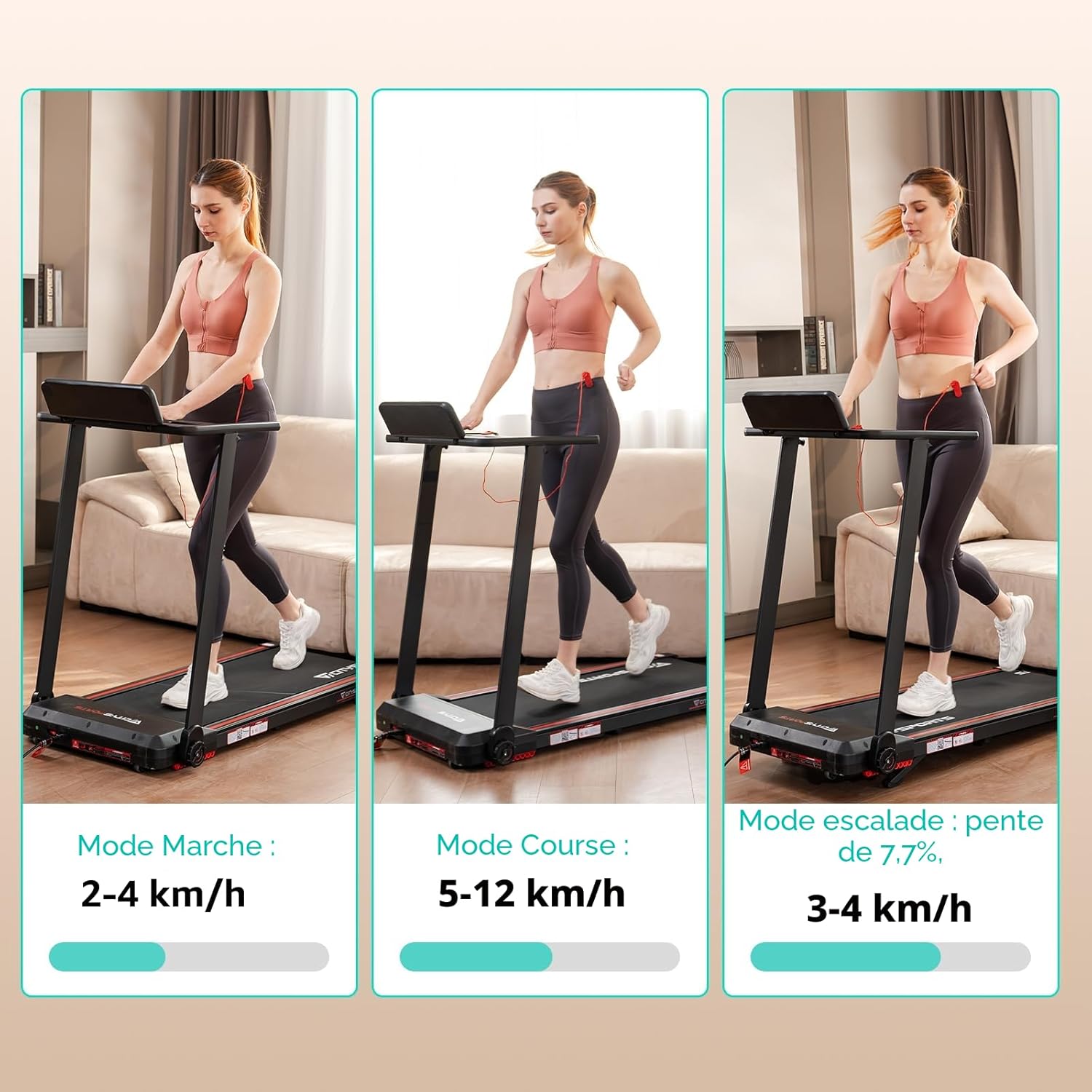 Tapis de course pliable CS-WP9 12 km/h 1400 W charge 120 kg écran LED application Bluetooth support tablette rouge