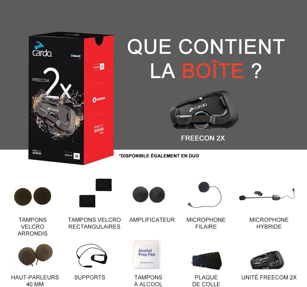 Intercom moto Freecom 2X Bluetooth 1 unité haut-parleurs 40 mm portée 800 m étanche radio FM noir