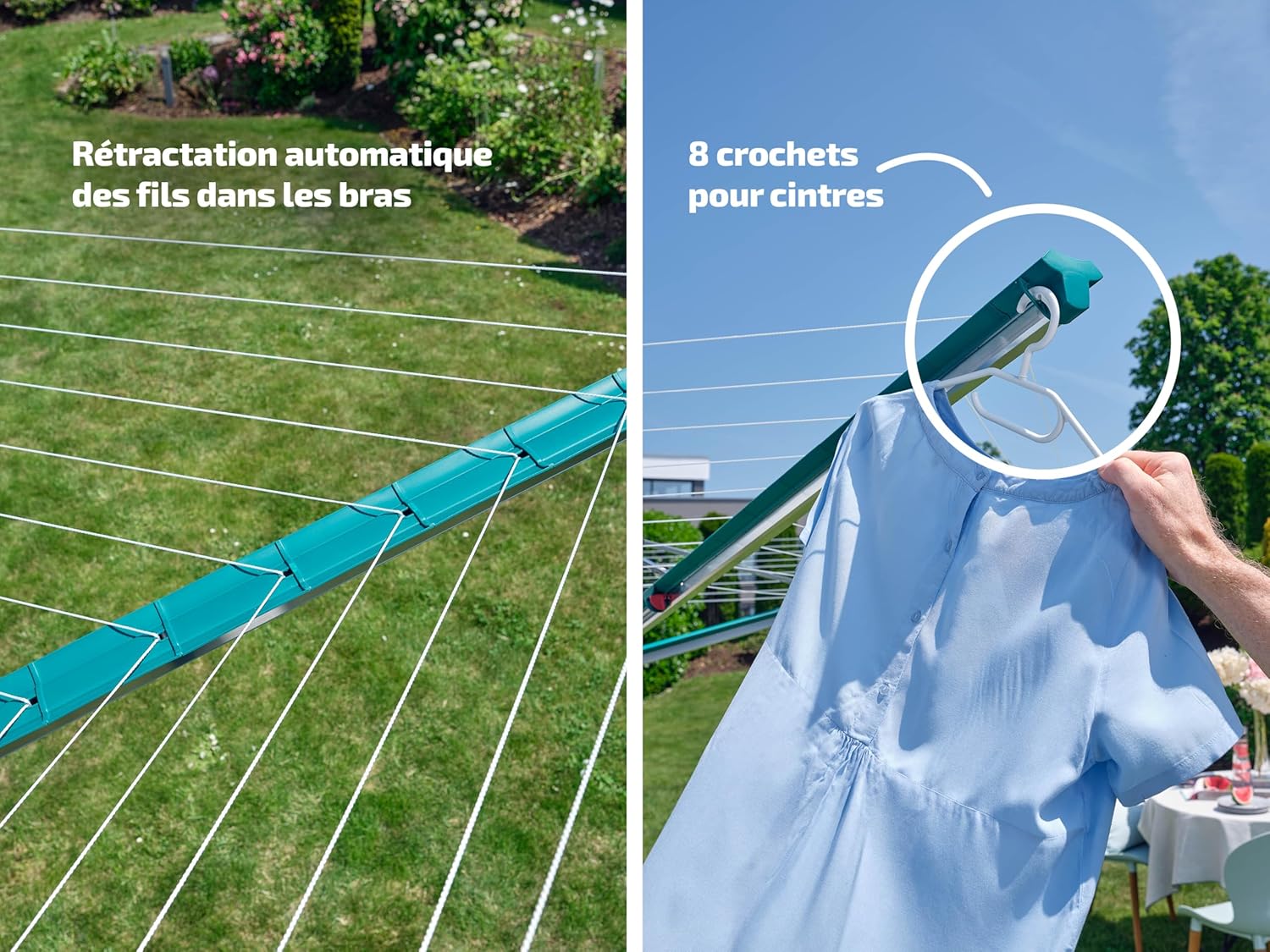 Séchoir parapluie Linomatic 600 Deluxe Cover 60 m étendoir rotatif aluminium Easy-Lift douille fixation housse gris vert
