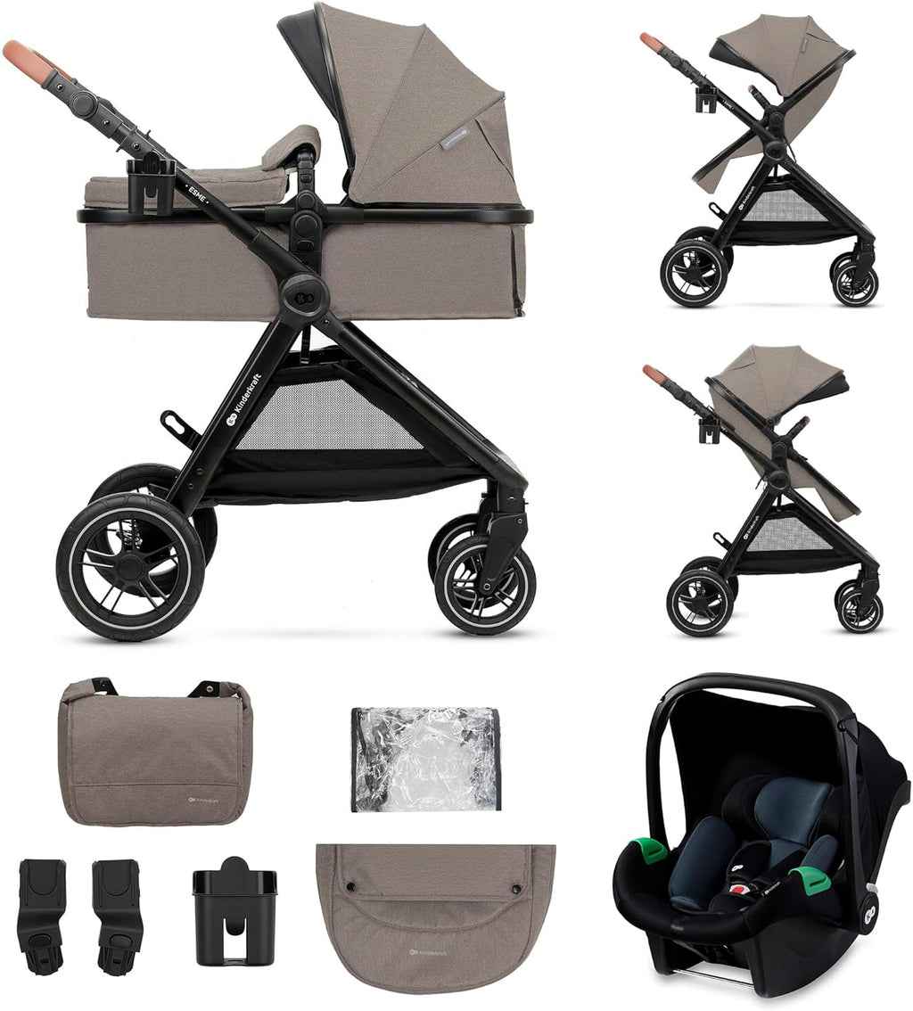 Poussette 3 en 1 ESME travel system siège auto MINK PRO i-Size 40 à 75 cm pliable tout-terrain harnais 5 points beige