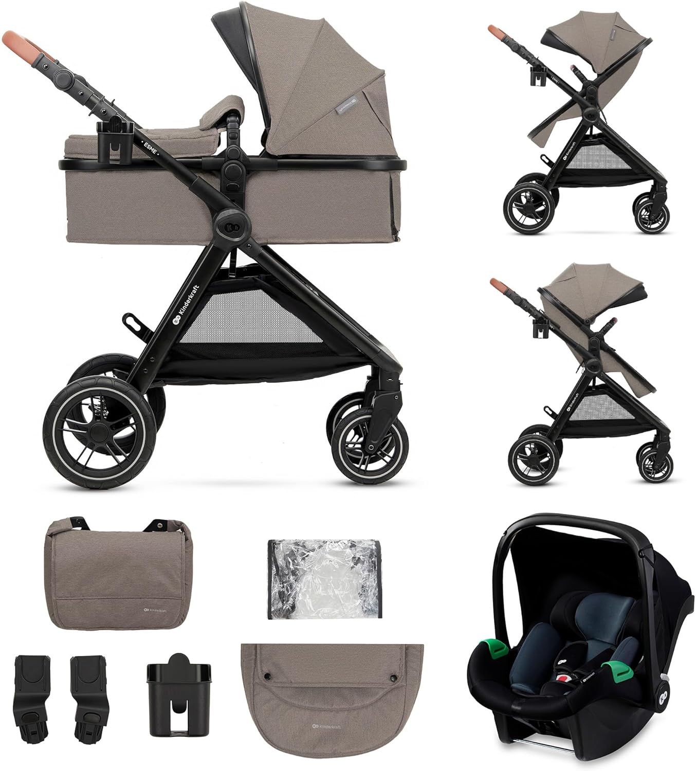 Poussette 3 en 1 ESME travel system siège auto MINK PRO i-Size 40 à 75 cm pliable tout-terrain harnais 5 points beige
