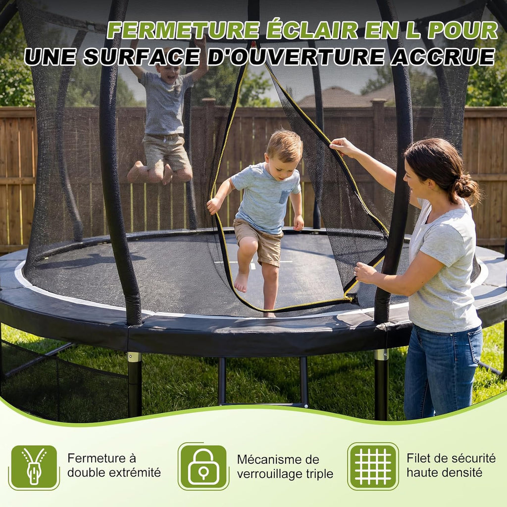 Trampoline extérieur diamètre 228-427cm avec filet sécurité couverture protection capacité charge 150kg enfants