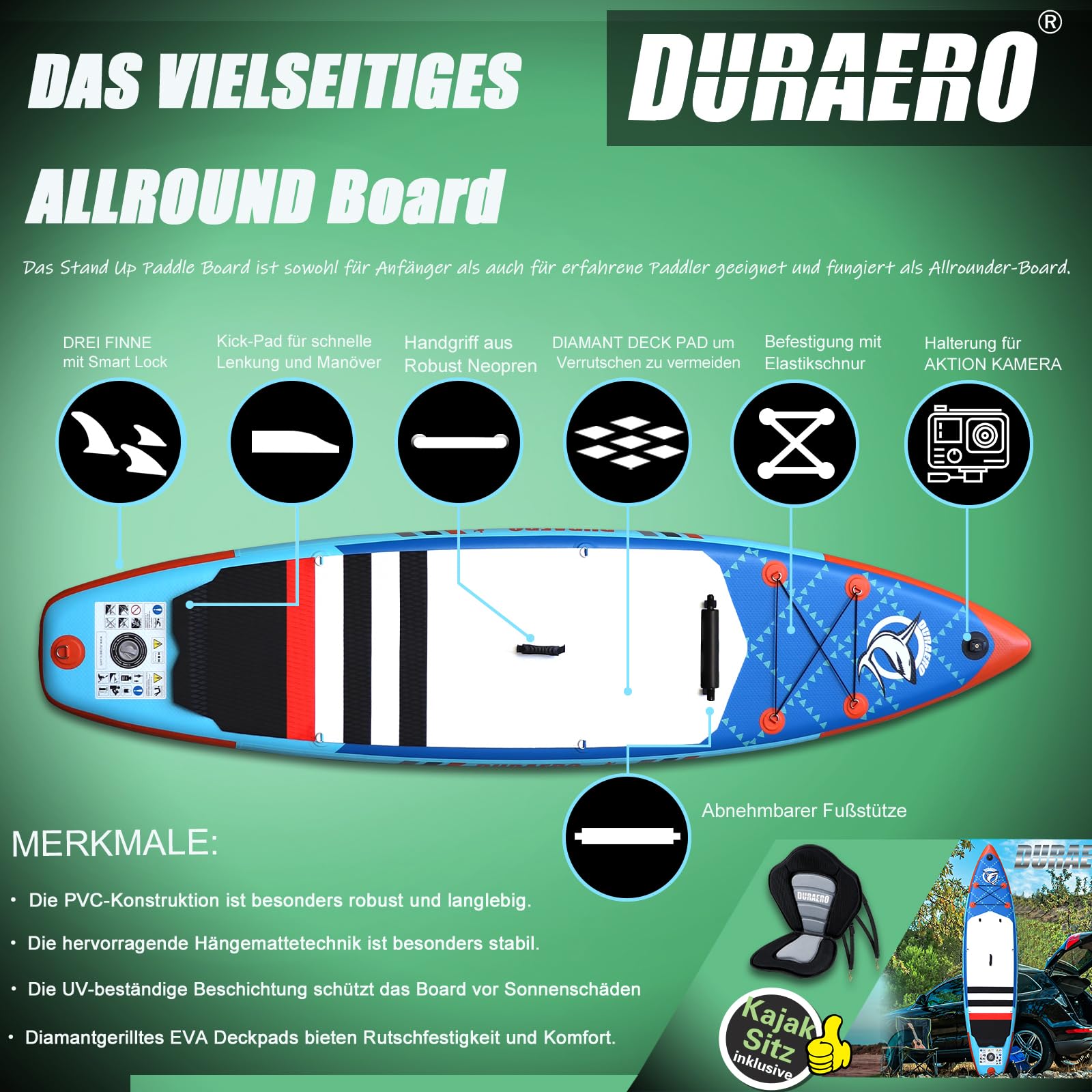Planche de paddle gonflable 330 x 76 x 15 cm avec siège kayak pagaie double réglable support caméra 3 ailerons charge 150 kg