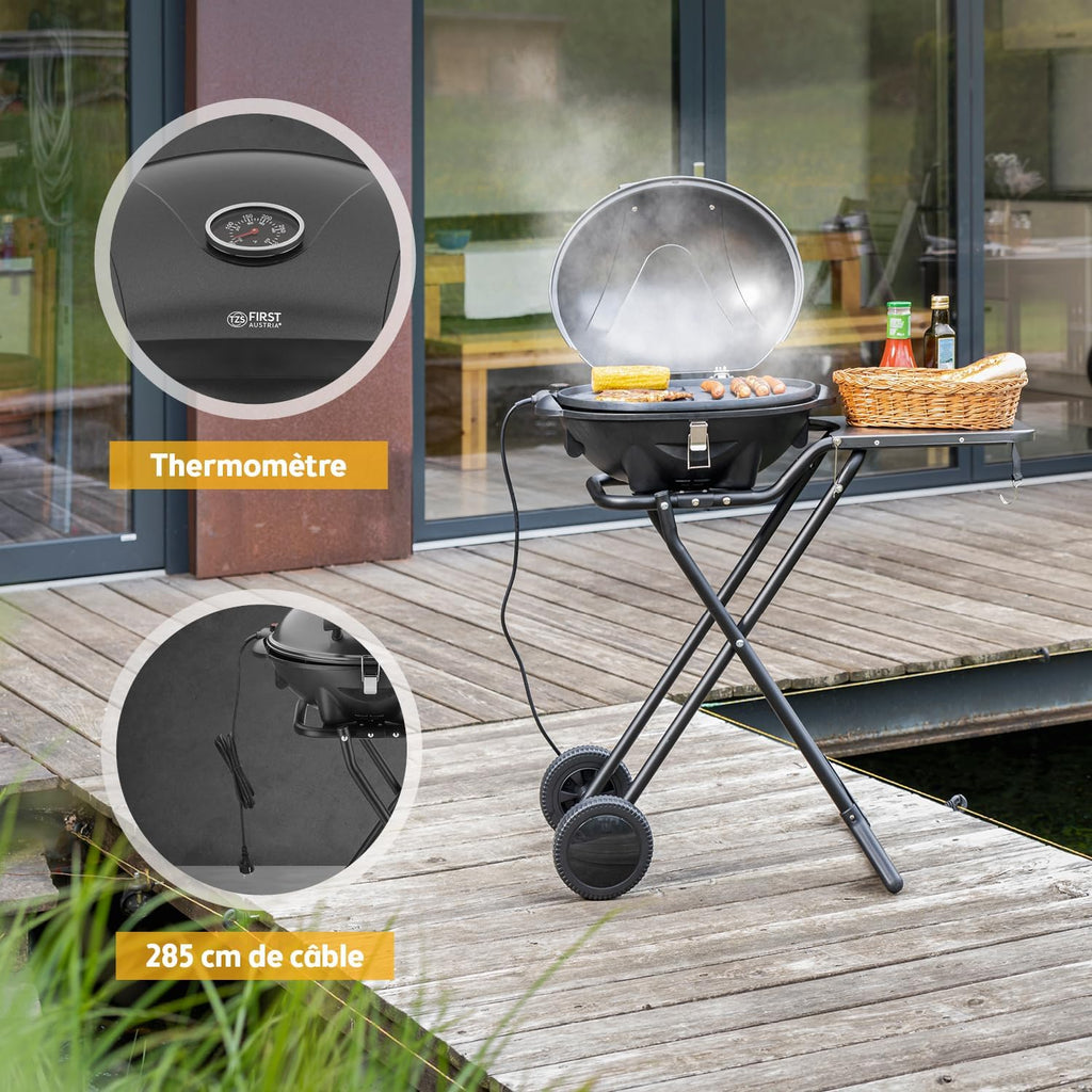 Barbecue électrique 2 en 1 2400 W surface 44 x 33,5 cm couvercle chariot thermomètre bac ramasse-graisse gris noir