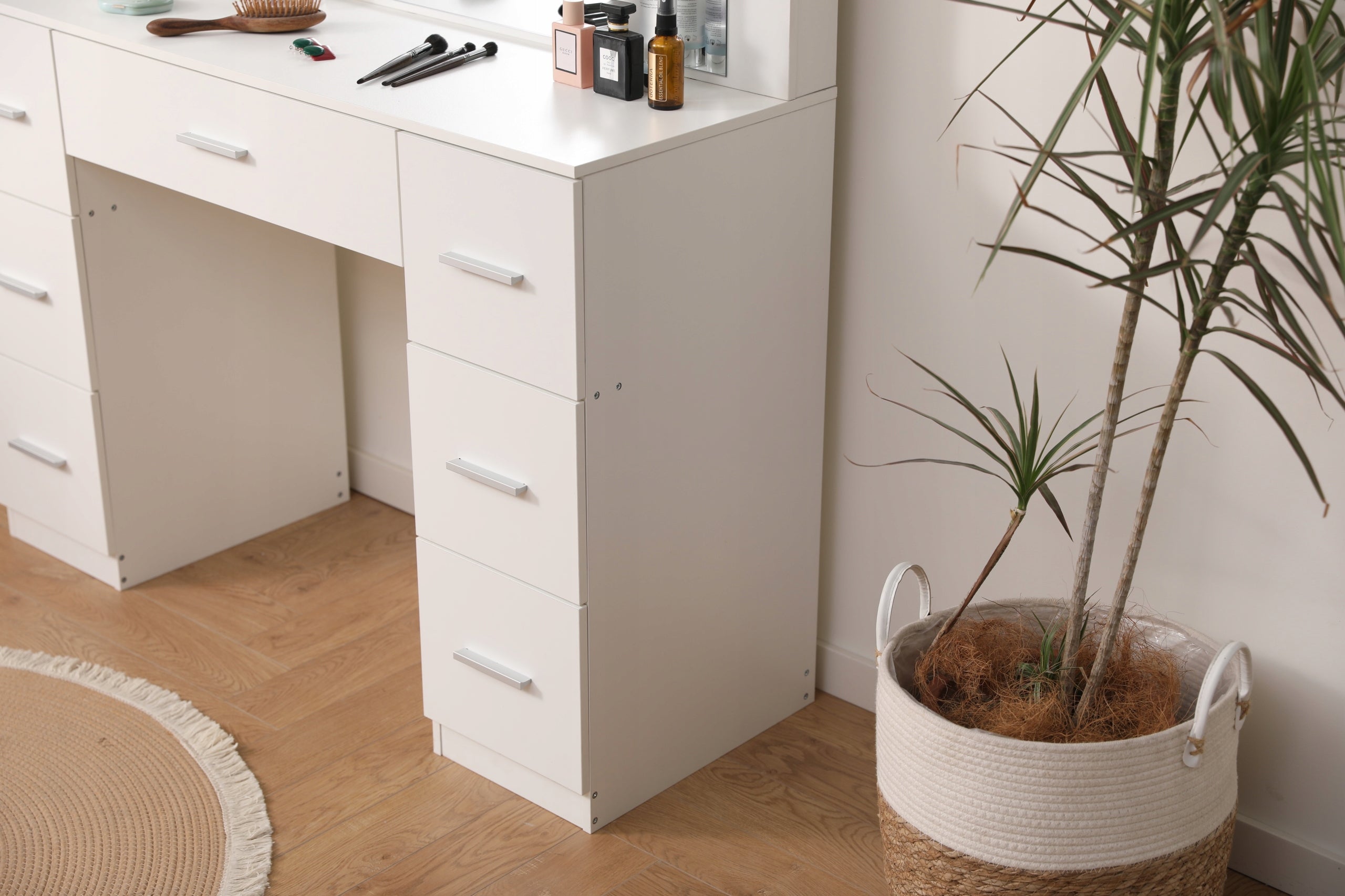 LED Makeup Vanity Table DT10 with Large Mirror 7 Drawers 3 Color Light Modes White Dressing Table 110cm