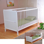 Lit bébé transformable 120 x 60 cm bois de pin avec matelas mousse Aloe Vera hauteur réglable rails protection blanc