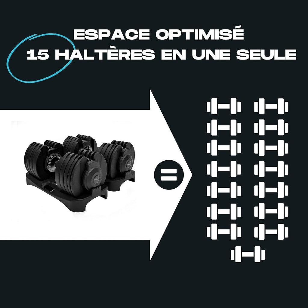 Paire d’haltères réglables 15 en 1 2 x 24 kg poids ajustable 2,5 à 24 kg avec support poignée antidérapante