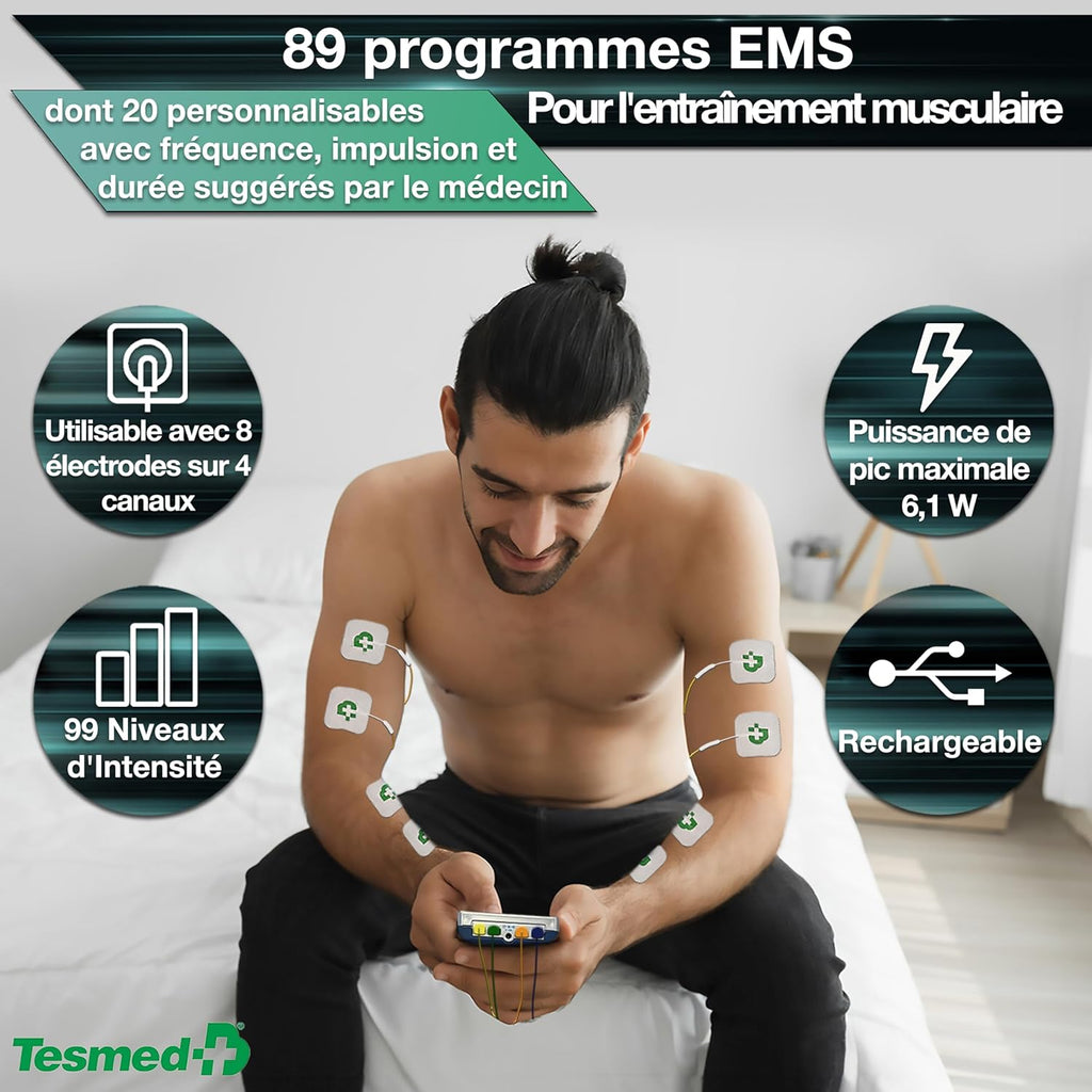 Electrostimulateur musculaire Max 830 TENS EMS massage 4 canaux 115 programmes rechargeable 20 électrodes argent