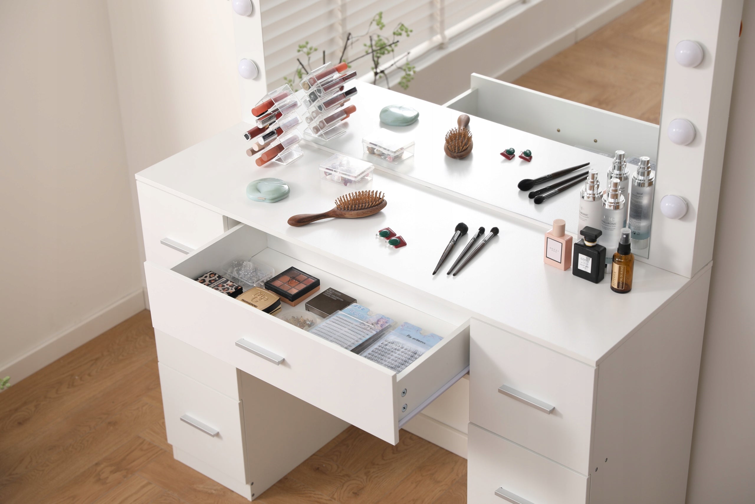 LED Makeup Vanity Table DT10 with Large Mirror 7 Drawers 3 Color Light Modes White Dressing Table 110cm