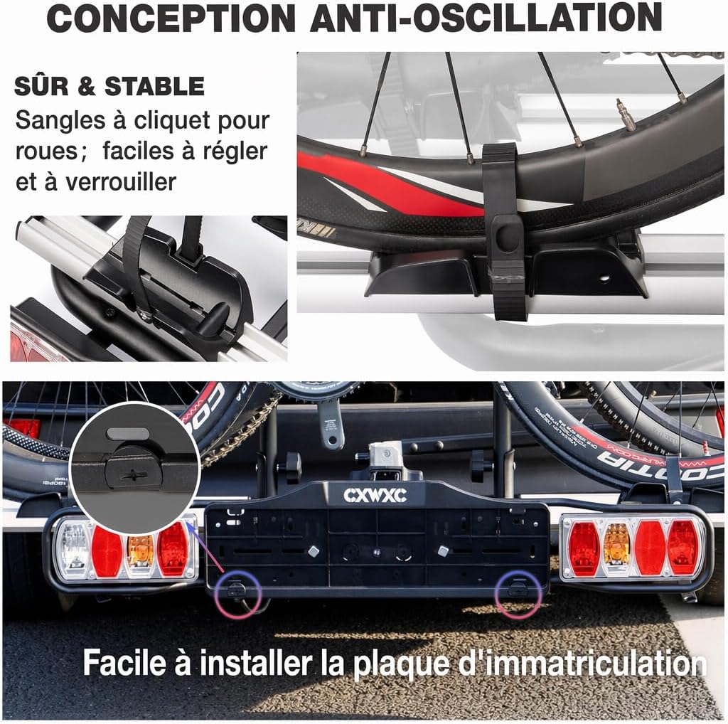 Porte-vélos attelage voiture 2 vélos charge 60 kg pliable avec feu arrière support plaque d'immatriculation noir