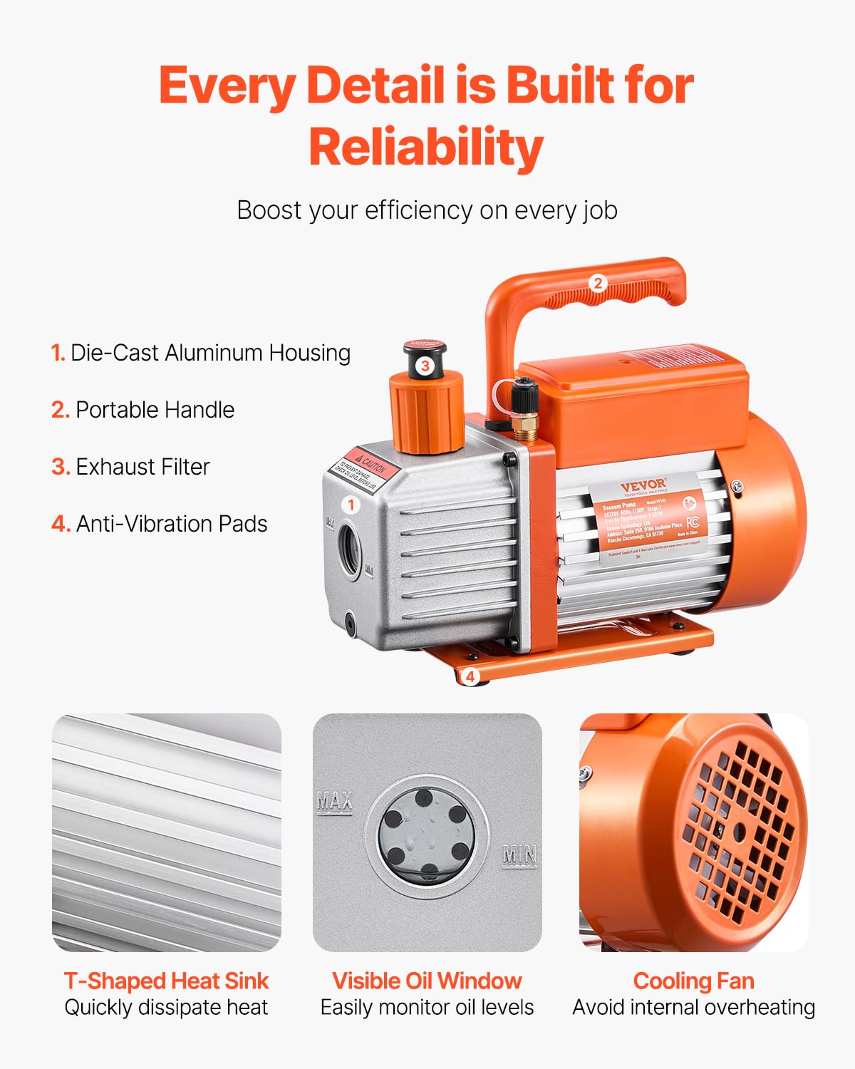 Pompe à vide climatisation CVC VP145 127 L/min 1 étage pour réfrigérant R134a R410A R404A avec kit manomètre et détecteur de fuite