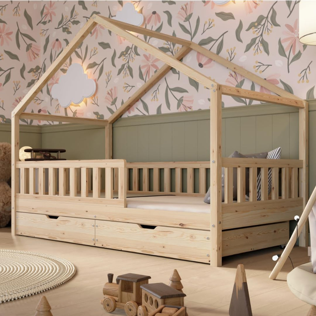 Lit cabane enfant Montessori 190 x 90 cm en bois naturel avec barrière de sécurité et tiroirs de rangement