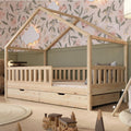 Lit cabane enfant Montessori 190 x 90 cm en bois naturel avec barrière de sécurité et tiroirs de rangement