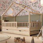Lit cabane enfant Montessori 190 x 90 cm en bois naturel avec barrière de sécurité et tiroirs de rangement