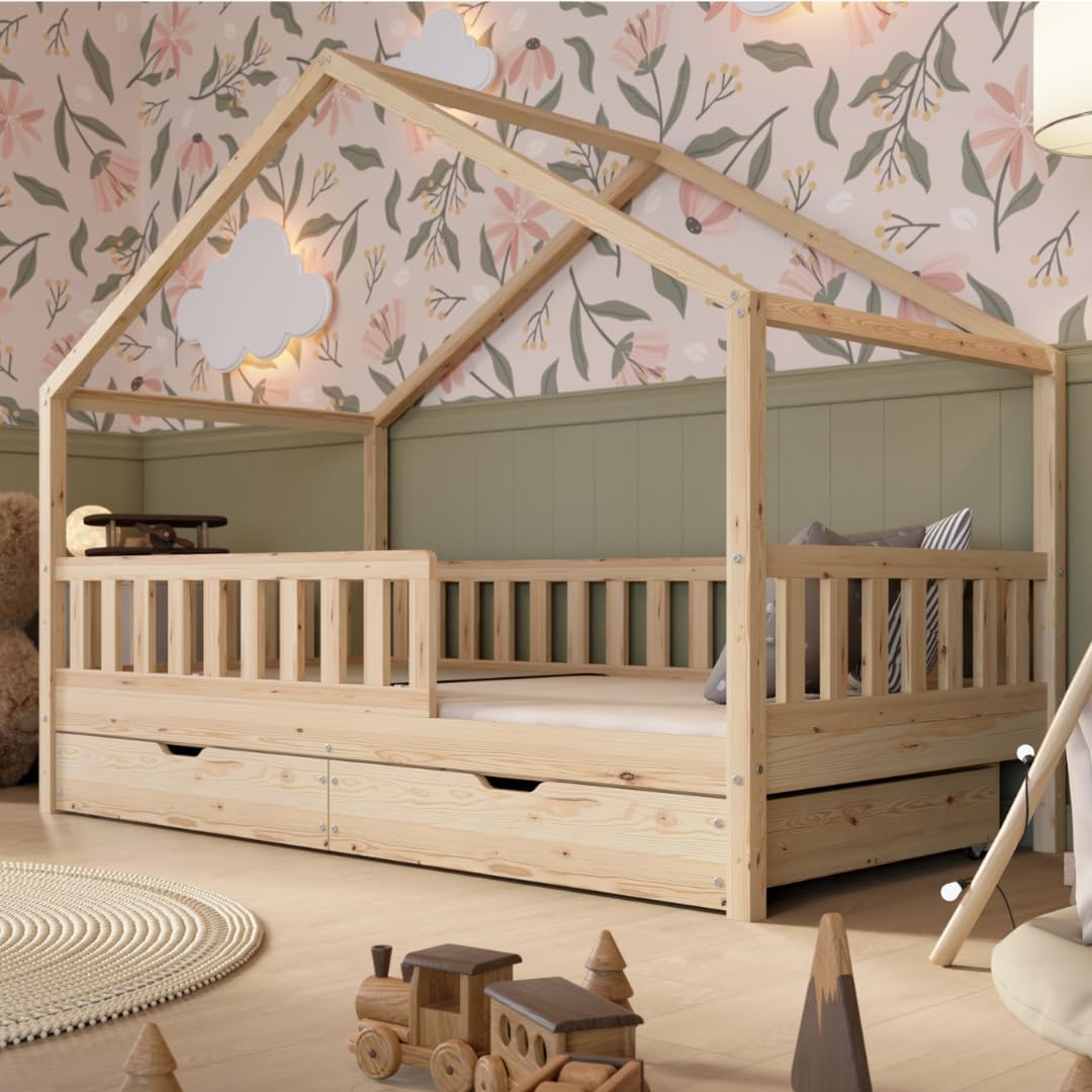 Lit cabane enfant Montessori 190 x 90 cm en bois naturel avec barrière de sécurité et tiroirs de rangement