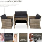 Salon de jardin résine 4 places canapé 2 fauteuils table plateau verre coussins inclus 122 x 70 x 76 cm marron gris
