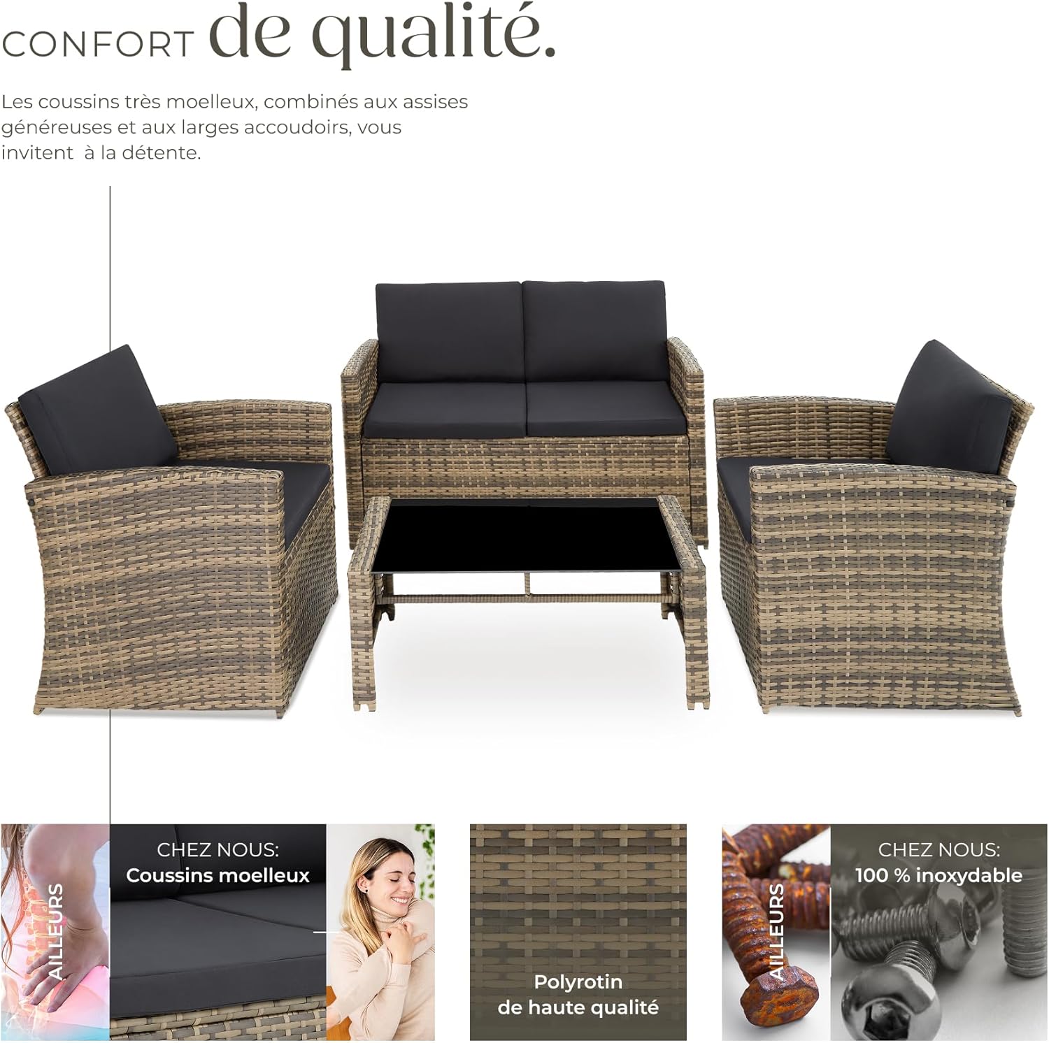 Salon de jardin résine 4 places canapé 2 fauteuils table plateau verre coussins inclus 122 x 70 x 76 cm marron gris