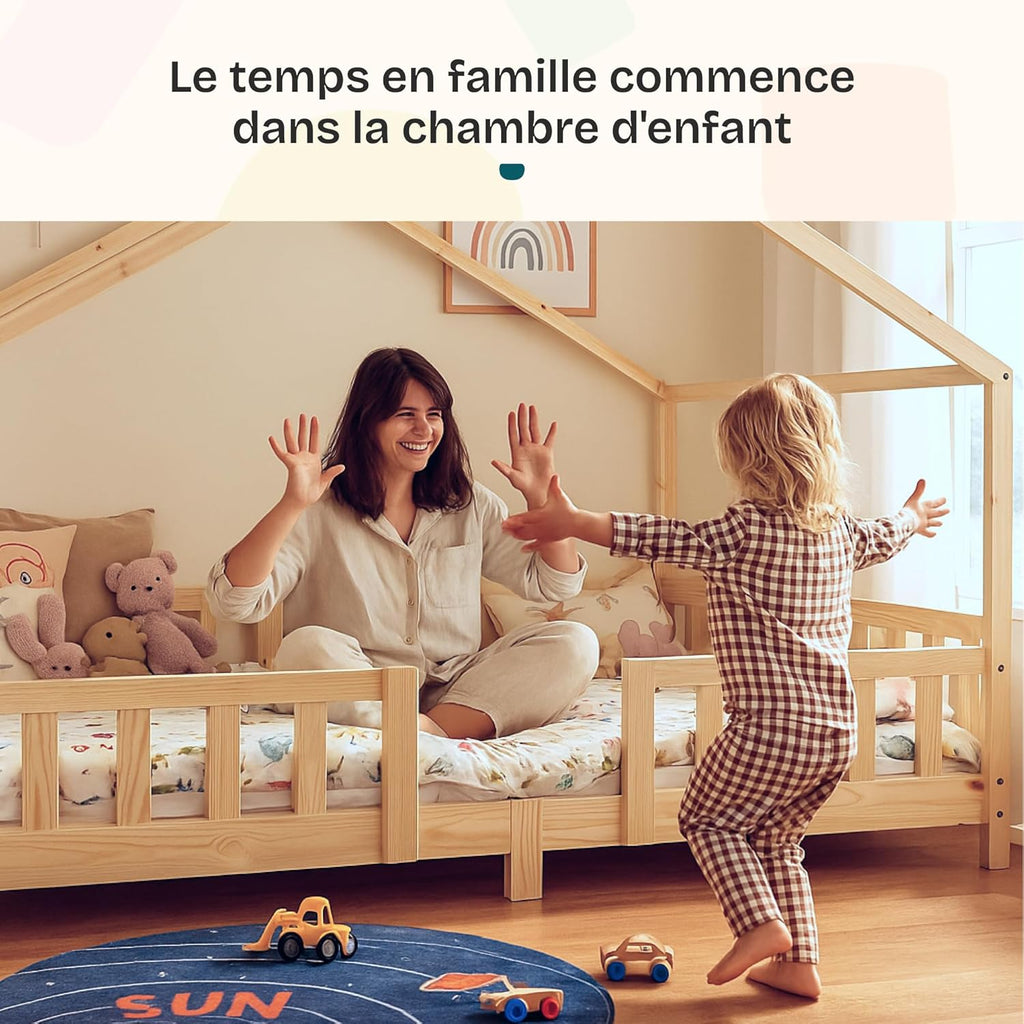 Lit enfant forme maison AAKB-8779 90 x 200 cm bois de pin avec barrière de protection sommier inclus charge 100 kg