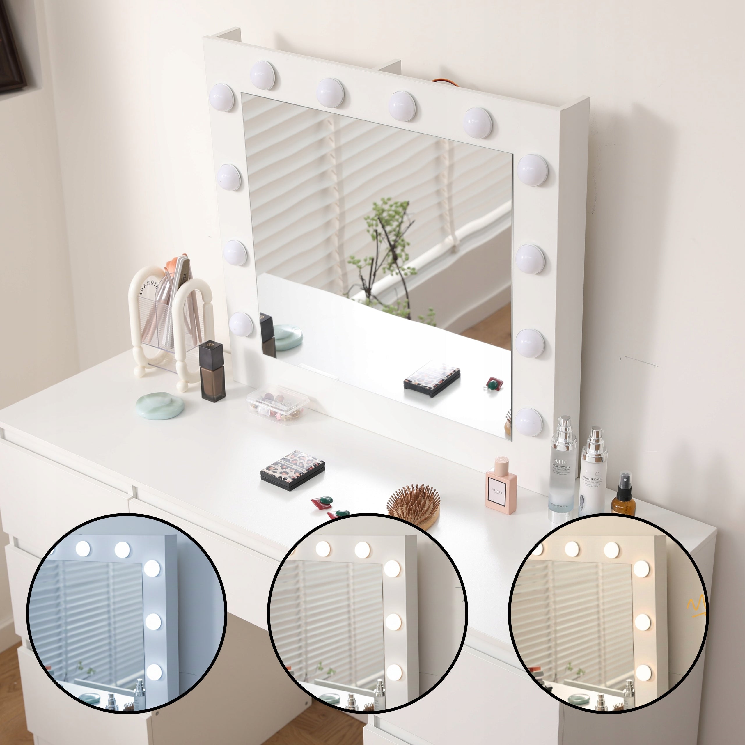 LED Makeup Vanity Table DT10 with Large Mirror 7 Drawers 3 Color Light Modes White Dressing Table 110cm
